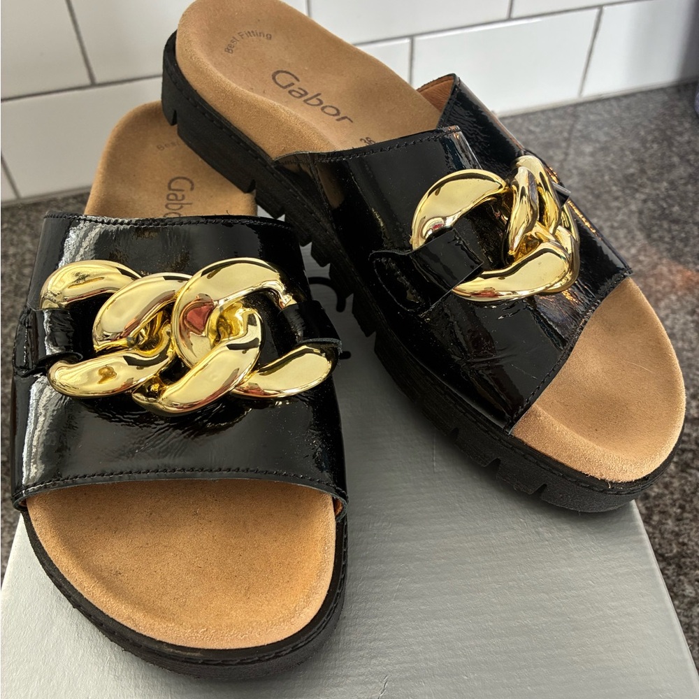 Gabor Black Patent Sandals with Gold Chain